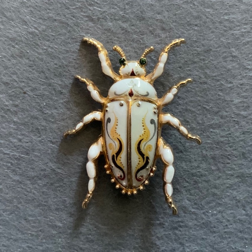 Vintage  Zsolnay Porcelain Style Gold Tone Enamel Beetle Brooch